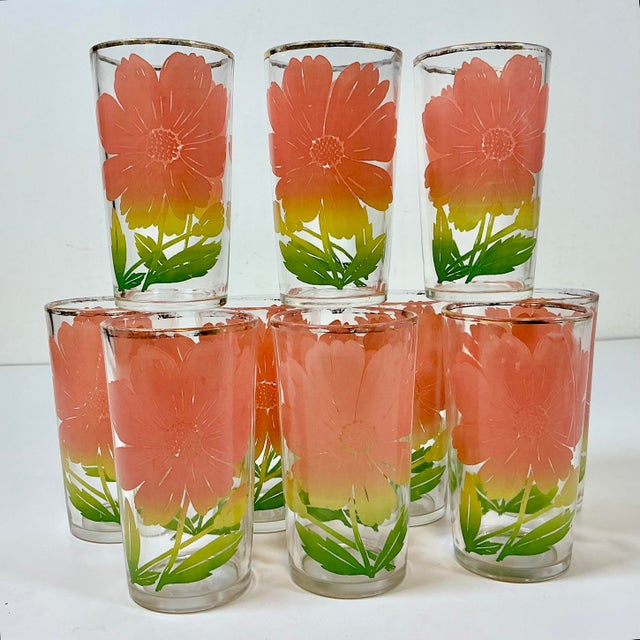 1950s Vintage Americana Boho Chic Federal Glass Company Coral Daisy Glassware -Set of 8 For Sale - Image 10 of 11