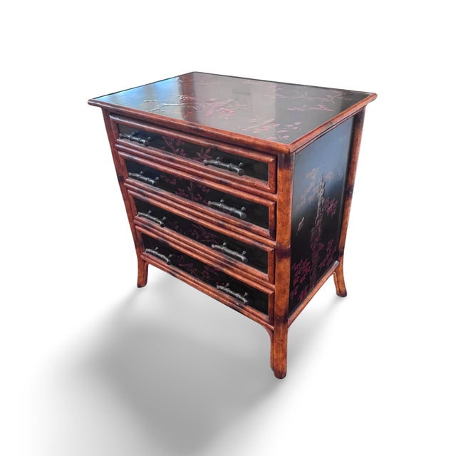 1990s Theodore Alexander Chinoiserie Lacquer Chest Bird Motif W/ Bamboo Hardware 4 Drawer For Sale In Los Angeles - Image 6 of 14