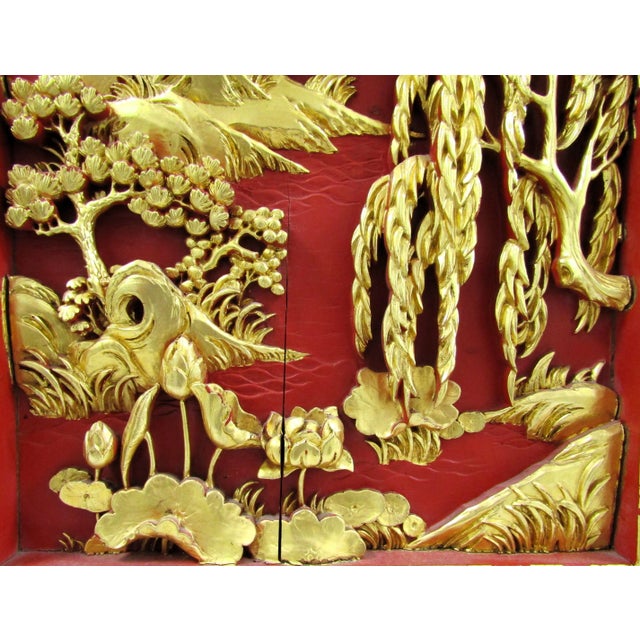 Early 20th Century Chinese Black Lacquer Painted and Carved Gold Giltwood Wall Hanging Panels - a Pair For Sale - Image 9 of 12