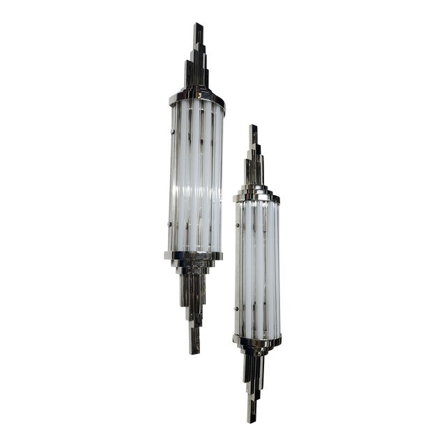 Pair Skyscraper Vintage Art Deco Wall Sconces in Nickel Brass & Milk Clear Glass Rod Ship Light For Sale