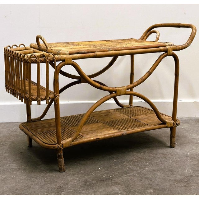 Mid-Century Modern Large French Riviera Rattan Bar Cart with Bottle Holder, 1960s For Sale - Image 3 of 14