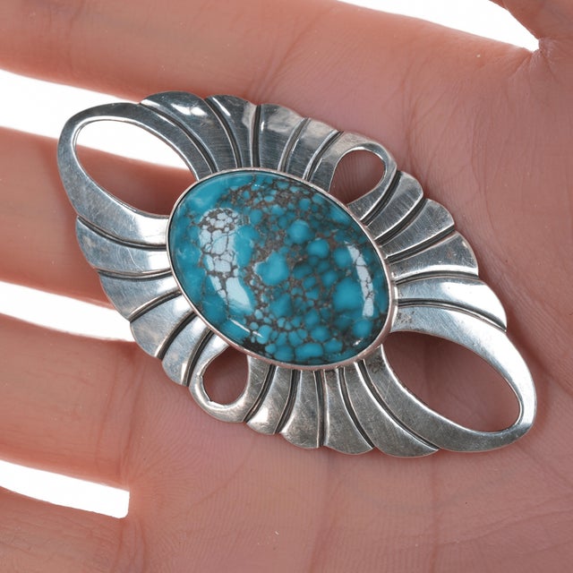 Carol Wylie Navajo silver and high grade turquoise pin For Sale - Image 4 of 6