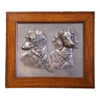 Early 20th Century French Pewter Relief of Two Hunting Dachshunds in Wood Frame For Sale