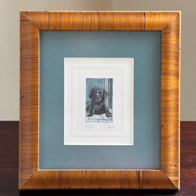 Offering a vintage watercolor etching of an adorable black Labrador puppy by Italian artist Giorgio Ferrari (b. 1936)....