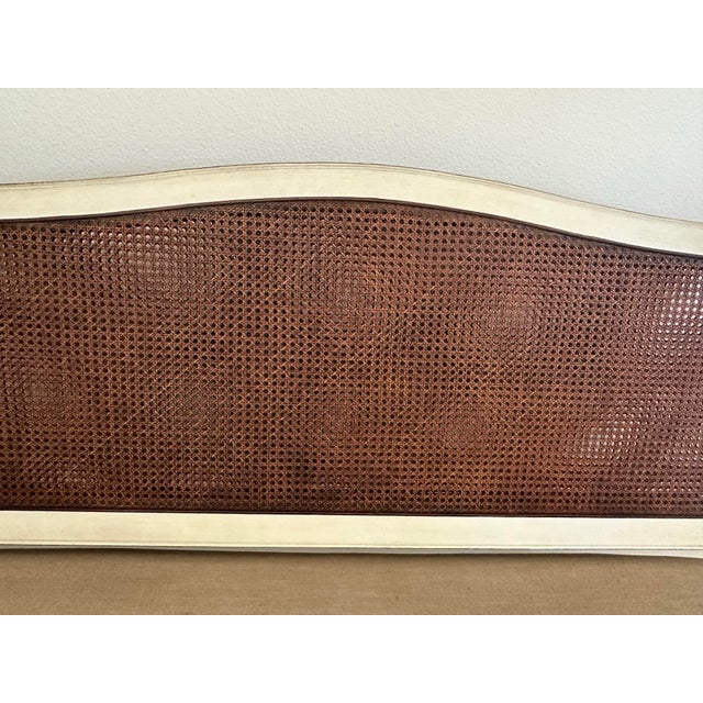 Drexel Double Canned Back Solid Wood Camel Back Settee With Chalk White Custom Distressed Finished and Light Sage Linen Fabric For Sale In Monterey, CA - Image 6 of 10