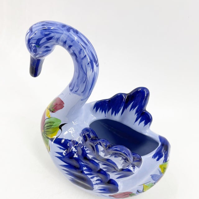 Vintage MCM Portugal Blue Portuguese Hand Painted Pottery Swan Planter For Sale - Image 4 of 6