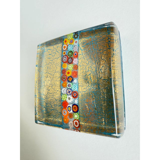 Contemporary Vintage Murano Glass Millefiori 22k Gold Leaf Square Paperweight For Sale - Image 3 of 4