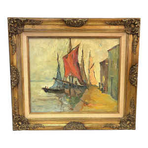 Early 20th Century Original Framed Oil Painting on Canvas 'Seaside Dock' Attributed to Louise Minert Kelly (American 1876-1945)