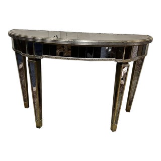 Lillian August Attributed Distressed Mirrored Demilune Console Table For Sale