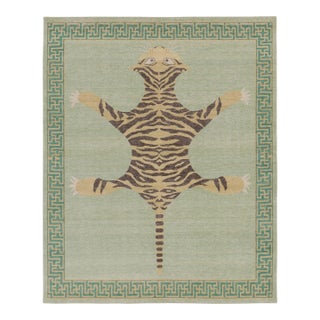 Rug & Kilim’s Distressed Tiger Rug in Green With Beige and Brown Pictorial For Sale