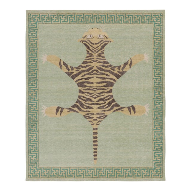 Rug & Kilim’s Distressed Tiger Rug in Green With Beige and Brown Pictorial For Sale