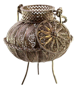 Filigree Silver Pot with Reliefs, Applications and Feet