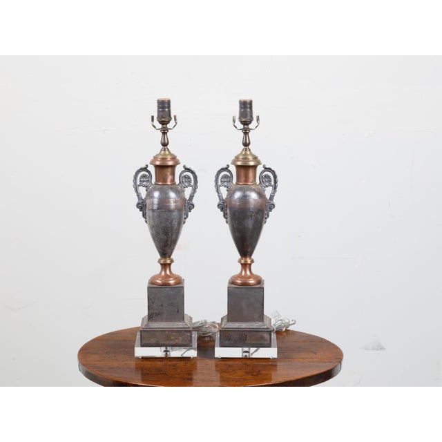 19th Century English Tôle Amphorae Shaped Table Lamps on Lucite Bases - a Pair For Sale In Atlanta - Image 6 of 12