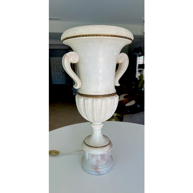 Single Italian Tall Alabaster and Brass Urn Handles Table Lamp For Sale In Palm Springs - Image 6 of 18
