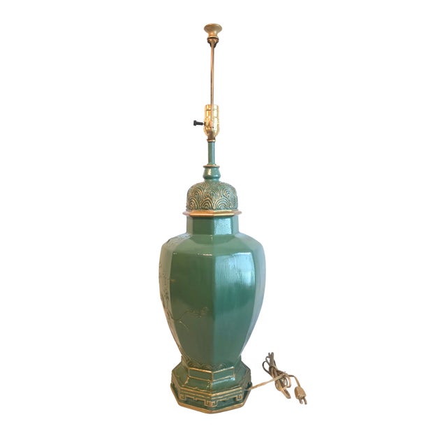 1970s Hollywood Regency Custom Lacquered Emerald Green & Gilt Chinoiserie Table Lamp For Sale In Baton Rouge - Image 6 of 18