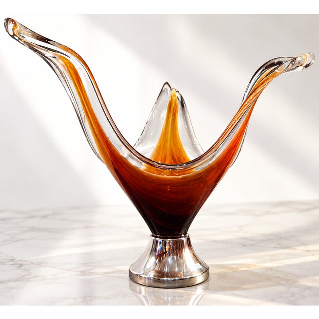 Vintage Amber Murano Glass Centerpiece Bowl on Pedestal, 1960s, in Flawless conditions. Designed 1960 to 1969