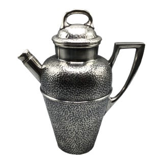 Tea Pot Style Cocktail Shaker 1930’s T and T Nickel Silver Hand Hammered For Sale