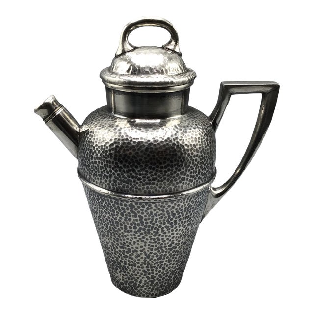 Tea Pot Style Cocktail Shaker 1930’s T and T Nickel Silver Hand Hammered For Sale