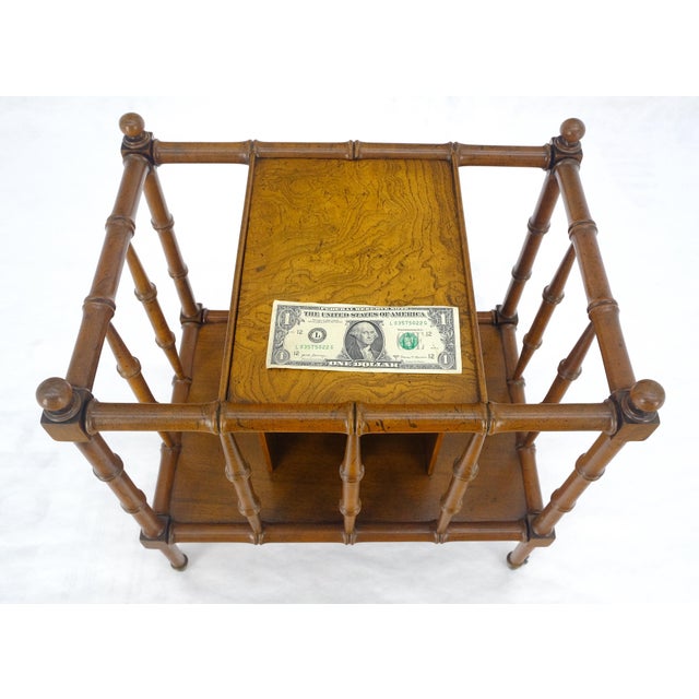 Traditional Faux Bamboo & Burl Canterbury Magazine Rack Stand Table on Brass Wheels MINT! For Sale - Image 3 of 11