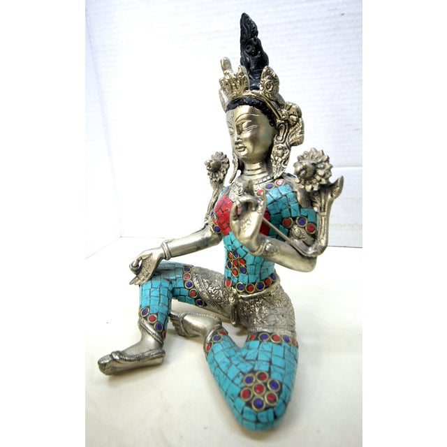 Mid-Century Modern Mid-Century Tibetan-Style Inlaid Brass Green Tara Statue – 11" H For Sale - Image 3 of 18