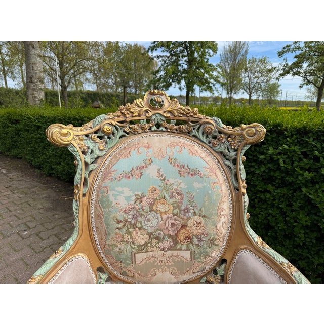 1940 French Louis XVI Pastel Beech Sofa Set - 7 Pc For Sale - Image 16 of 18