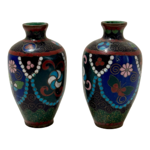 Pair of Vintage Chinese Cloisonné Miniature Vases — Butterfly & Floral Motifs, Mid-20th Century
