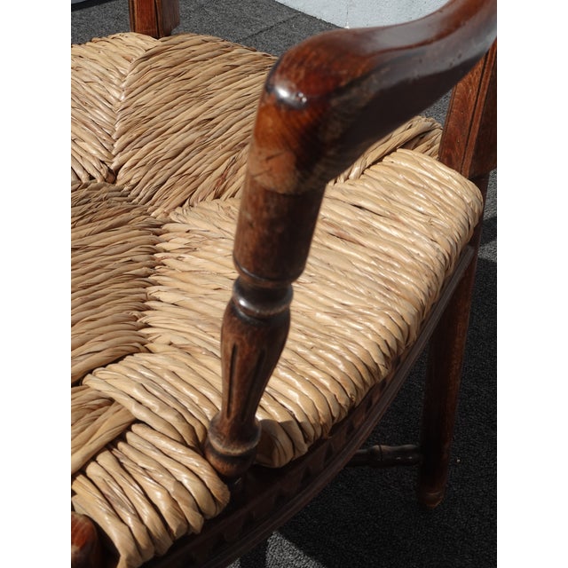 Brown Pair of Vintage Rustic French Country Rush Seat Wheat Sheaf Arm Chairs ~ Lite 2 For Sale - Image 8 of 17