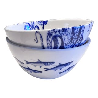 Caskata Octopus and Fish Etched Cereal Bowls- Set of 2 For Sale