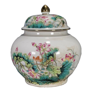 Chinese Famille Rose Porcelain Lotus Covered Jar With Gilt Finial