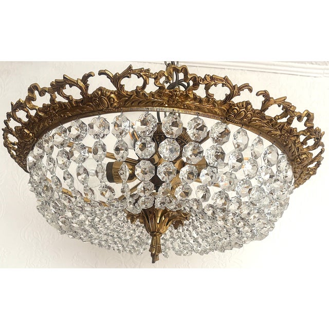 1950s Vintage Spanish Brass and Crystal Ceiling Lamp, 1950s For Sale - Image 5 of 14