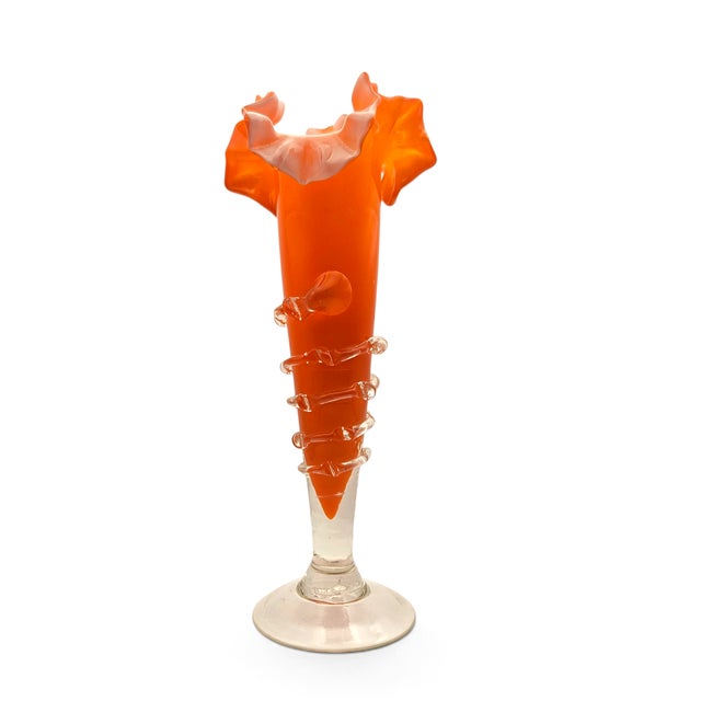 Glass Vintage Murano Orange Art Glass Ruffled Vase W/ Applied Rigaree For Sale - Image 7 of 7