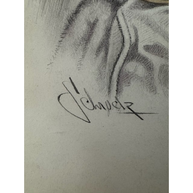 1940s 1940s Original Graphite Illustration of Child in Winter Bonnet With Pink Ribbon, 10.5 × 8 In. For Sale - Image 5 of 6