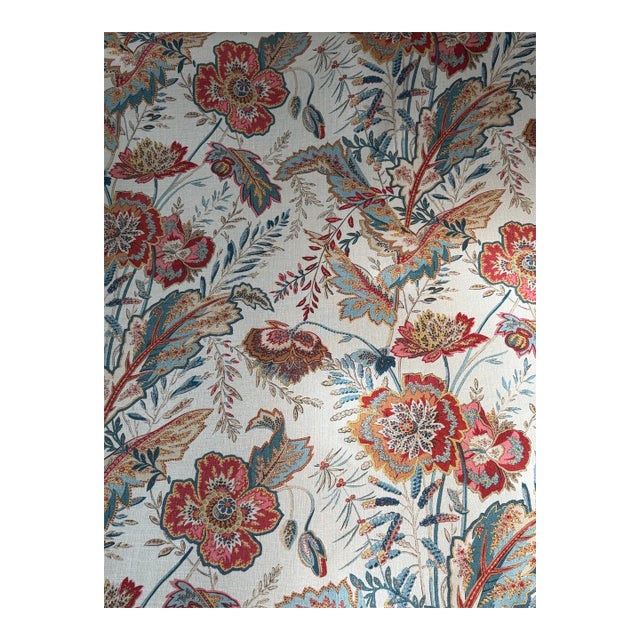 G P & J Baker Indienne Flower Red/Teal Linen Fabric 7 7/8 Yards For Sale