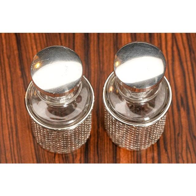 Silver Sophisticated Pair Antique Crystal Perfume Scent Cologne Bottles Sterling Silver Grillwork Sleeves Home Decor For Sale - Image 8 of 14