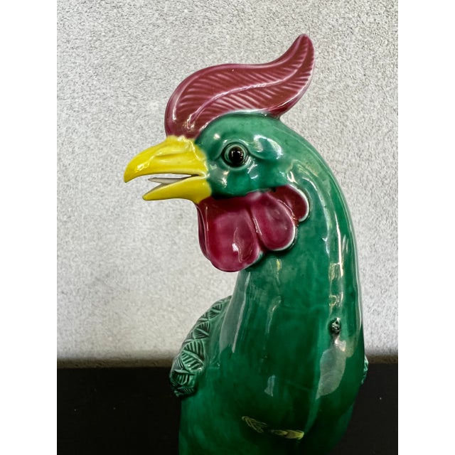 Green Vintage Chinese Glazed Ceramic Rooster Figurine Shiwan Style Earthenware For Sale - Image 8 of 12