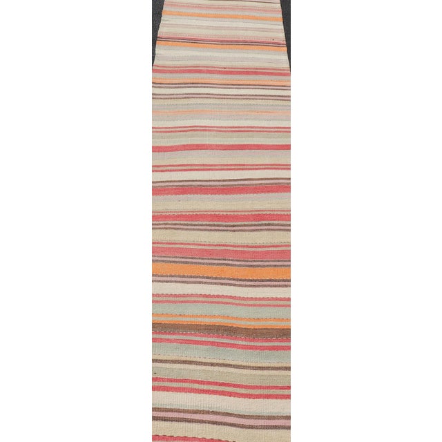 Mid 20th Century Mid 20th Century Vintage Kilim Runner With Horizontal Stripes in Pastel Vivid Colors For Sale - Image 5 of 12