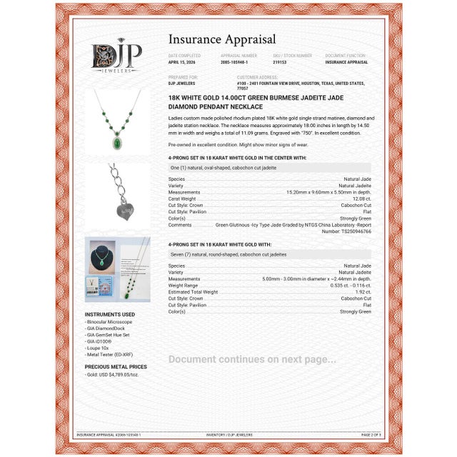 White 18k White Gold 14.00ct Green Burmese Jadeite Jade Diamond Pendant Necklace For Sale - Image 8 of 8