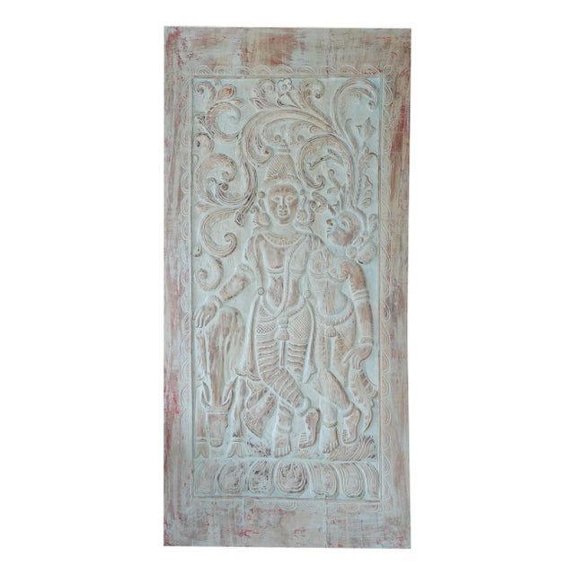 Hand-Carved Radha Krishna Wall Art – Vintage Reclaimed Wood Sliding Barn Door 84x41 For Sale