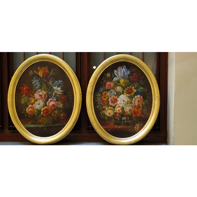 2 Oil paintings on canvas depicting floral still lifes, late 1800s to early 1900s, with vivid colors and intense tones,...