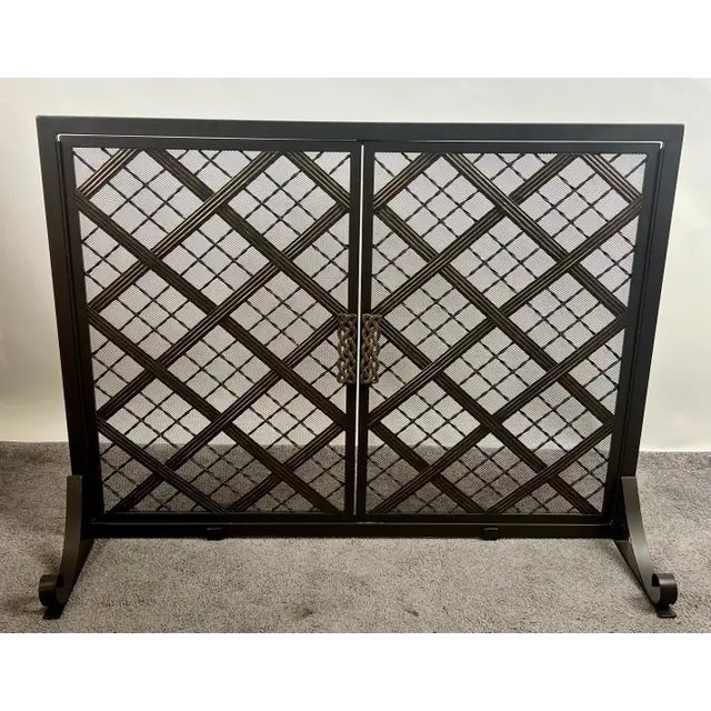Art Deco Art Deco Style Black & Bronzed Metal Two-Door & Diamond Design Fireplace Screen For Sale - Image 3 of 16