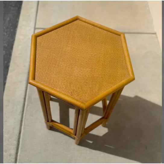 Vintage Hexagon Bamboo Rattan Accent Table French Country Tiki Palm Beach For Sale - Image 4 of 7