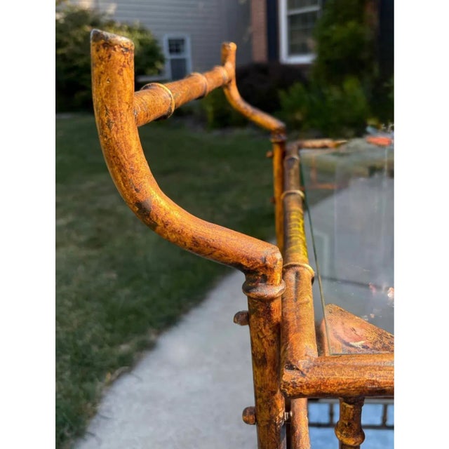 Gold Vintage Mid-Century Faux Bamboo Bar Cart | Hollywood Regency Gilt Metal & Glass Serving Trolley | Maison Baguès Style For Sale - Image 8 of 10