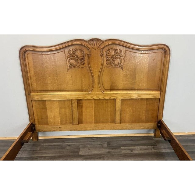 Vintage French Louis XVI Style Oak Double Bed Frame with Carved Headboard For Sale - Image 9 of 13