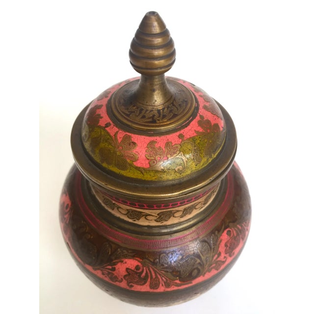 Vintage Mid Century India Brass Incised Multicolor Enamel Incense Urn Lidded Jar For Sale In Kansas City - Image 6 of 13