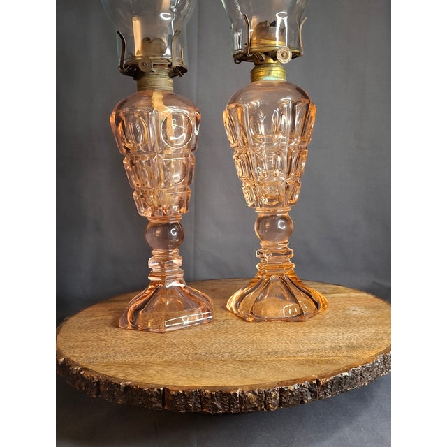 Vintage Pink Pressed Glass Kerosene Table Lamps - Matching Pair With Chimneys For Sale - Image 13 of 13