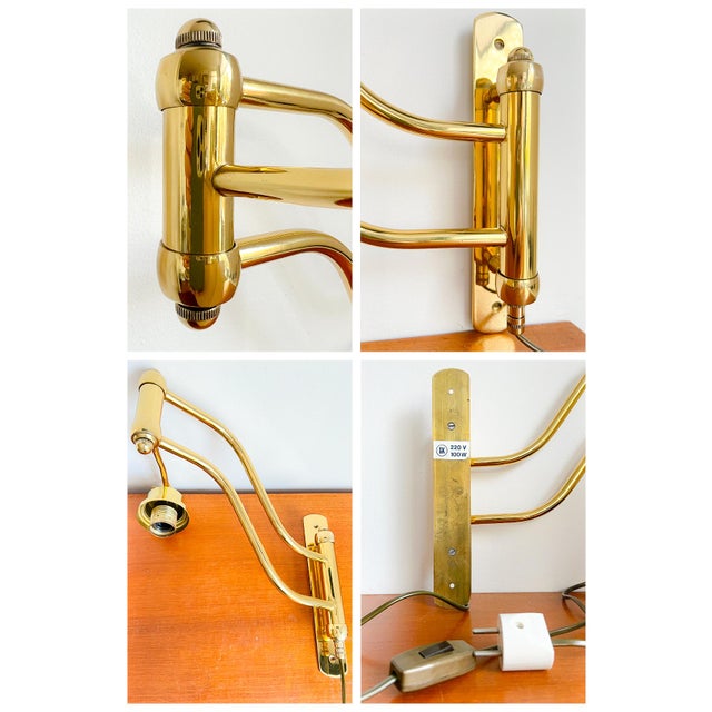 Mid-Century Brass Wall Light with Adjustable Swing Arm and Off-White Lampshade For Sale - Image 11 of 13
