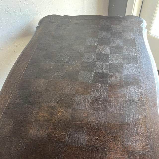 Vintage French Oak Parquet Side Table With Carved Details For Sale - Image 4 of 4