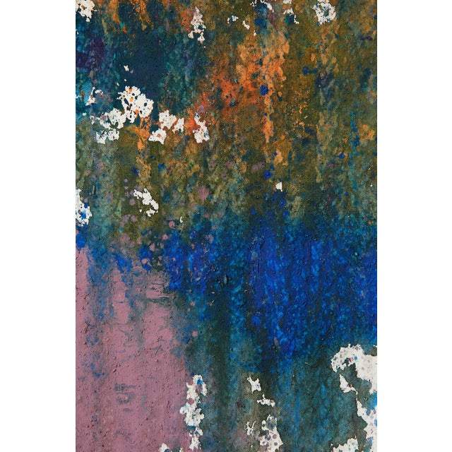 Turquoise "Imprints / Turquoise Blue Purple Pink" Large Abstract Acrylic Performance Painting by Simon Findlay For Sale - Image 8 of 12