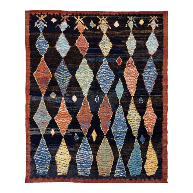 Modern Moroccan Style Hand-Knotted Wool Area Rug With Geometric Diamond Motif For Sale