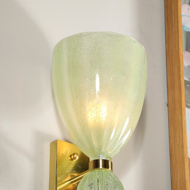 Pair of Modernist Pale Jade Hand-Blown Murano Glass Sconces W/ Brass Fitting For Sale - Image 9 of 12